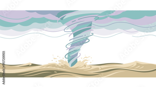Powerful tornado or waterspout with swirling clouds over churning water