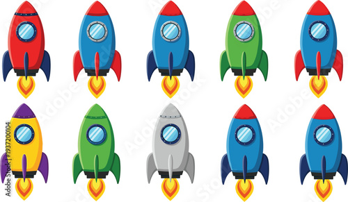 Colorful Rocket Ship Vector Set Featuring Space Shuttle Launch with Fire for Startup, Exploration, and Innovation Concepts