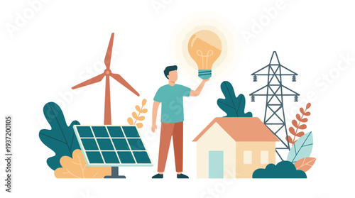 Man holding lightbulb with renewable energy sources and power grid