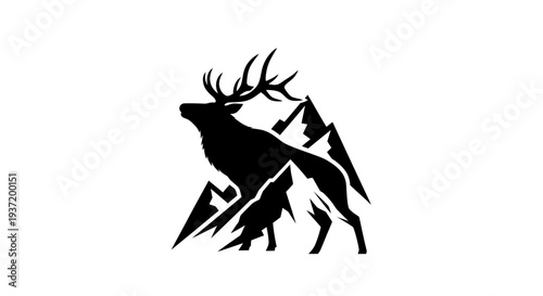 Silhouette of a majestic elk with mountains