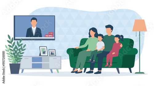 Family watching live news broadcast on television in their living room
