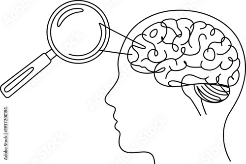 Human brain analysis illustration with magnifying glass, cognitive research concept, neuroscience study, psychology and intelligence exploration, minimalist line art vector