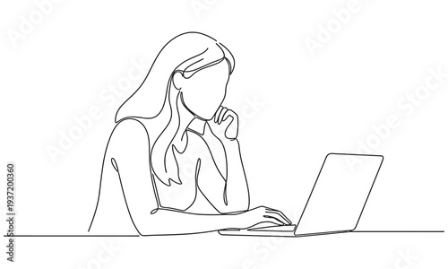 Continuous one line drawing girl sits at a laptop vector illustration. Casual woman doing freelance job work at home