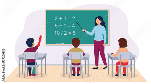 Teacher Explaining Math to Elementary School Students in Classroom