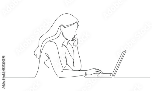 Continuous one line drawing girl sits at a laptop vector illustration. Casual woman doing freelance job work at home