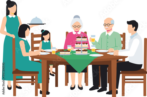 Happy Multi-Generational Family Having Dinner Together at a Round Dining Table with Grandparents, Parents, and Children in Flat Vector Style