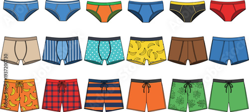 Men's Underwear and Shorts Vector Set Featuring Briefs, Boxer Briefs, and Trunks with Various Patterns like Banana Print, Polka Dots, and Stripes