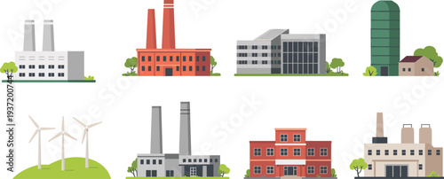 Industrial factories and energy plants vector set, manufacturing buildings, wind turbines, storage silos and power stations for production and infrastructure concepts