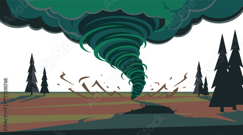 Powerful Tornado Descending from Storm Cloud Over Stylized Landscape