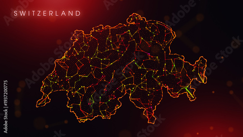 A creative cartography design featuring the Switzerland country border in a colorful plexus style. Glowing red and orange dots and lines represent digital technology and business communication.