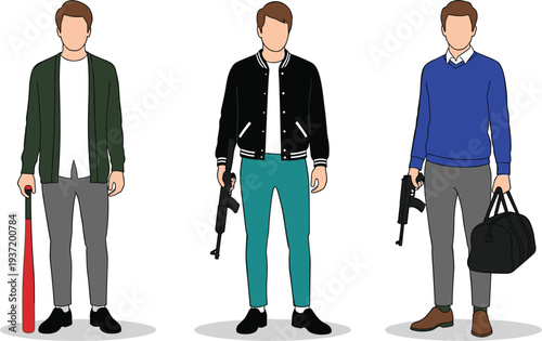Male Characters in Casual Clothing Holding Baseball Bat, Assault Rifle, and Duffle Bag for Action, Crime, or Thriller Concept Vector Illustration