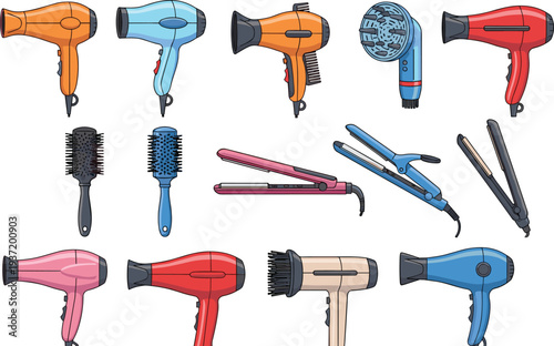 Hair Styling Tools Vector Set Featuring Professional Hair Dryers, Straighteners, and Round Brushes for Salon and Beauty Care Concept
