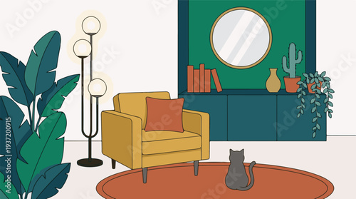 Cozy minimalist living room interior illustration with cat and plants