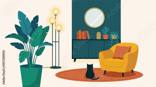 Cozy minimalist living room with plant, armchair, mirror, and cat illustration