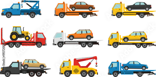 ow Truck and Roadside Assistance Vehicle Vector Set Featuring Flatbed Haulers, Crane Trucks, and Recovery Services for Transport and Automotive Concept