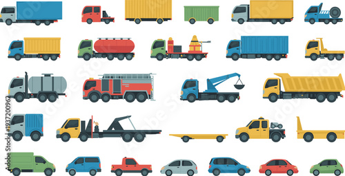 Large set of trucks and commercial vehicles including cargo, tanker, tow and service transport trucks, transportation vector illustration collection