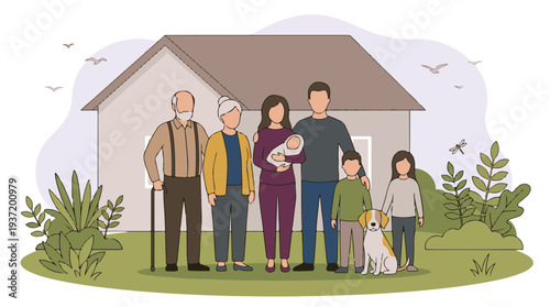 Happy multi-generational family with baby and dog in front of a house