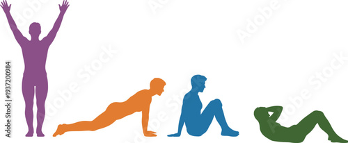Male fitness exercise silhouettes set, bodyweight workout poses collection including push up, sit up, crunch and stretching positions, healthy lifestyle vector illustration