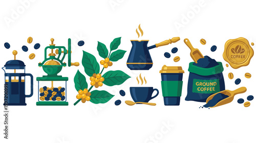 Coffee elements collection: brewing tools, beans, plant, and drinks illustration