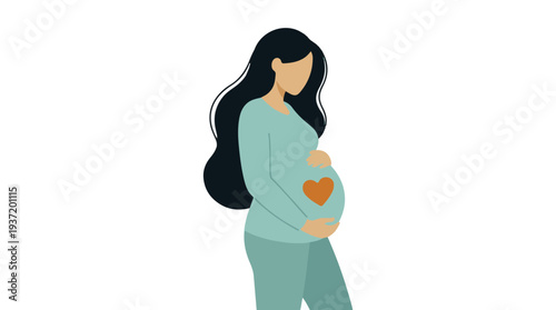 Pregnant woman holding her baby bump with a heart, minimalist illustration