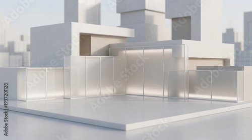 Modern urban architecture with clean geometric shapes, white and gray tones, frosted glass panels, and soft lighting. Abstract cityscape design with contemporary aesthetic