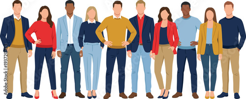 Diverse group of professional men and women standing together in smart casual business outfits, modern corporate team flat illustration
