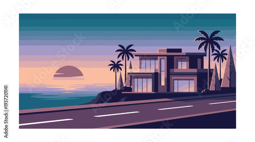 Tropical modern house on cliff overlooking ocean at sunset