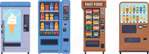 Modern vending machines set with ice cream, drinks and fast food dispenser, automated snack and beverage retail vector illustration collection