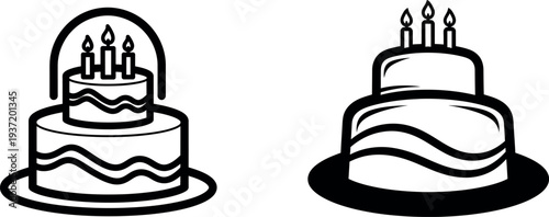 Black and white silhouette of two decorated birthday cakes with candles