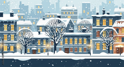 Snowy Urban Scene with Trees and Buildings.