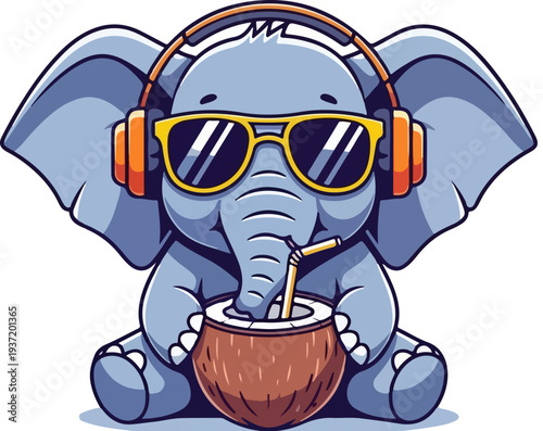 Cute Cartoon Elephant Wearing Sunglasses and Headphones Drinking Coconut Cocktail Vector