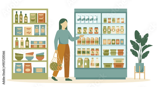 Woman shopping for groceries in a store, holding a reusable mesh bag