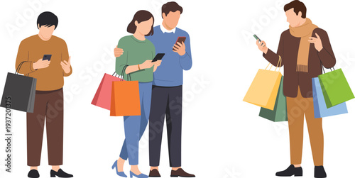 People shopping with bags and smartphones illustration, modern consumers using mobile phones while carrying purchases, retail lifestyle vector characters