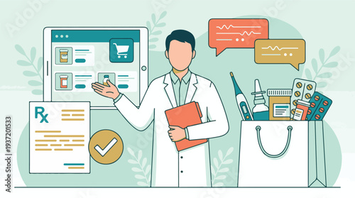 Online pharmacy and digital healthcare concept with pharmacist and medication