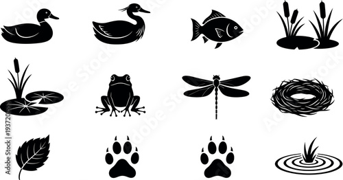 Silhouette of various wildlife and nature elements in black on white background silhouette