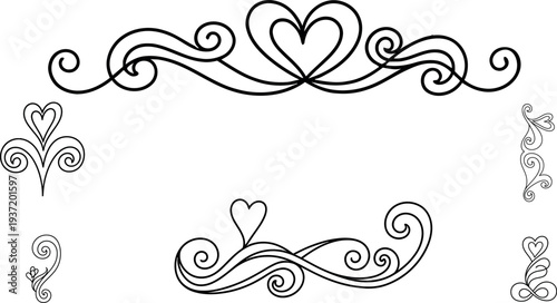 Black and white silhouette heart designs with swirling patterns and floral motifs