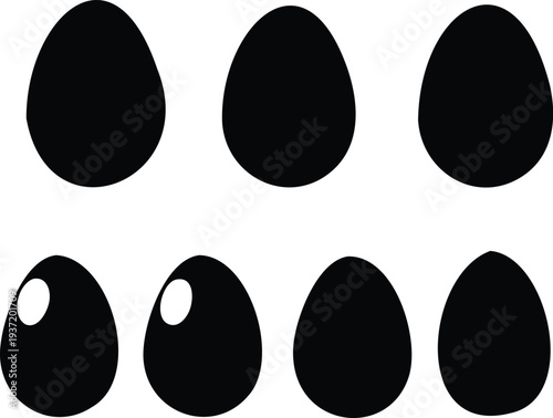 Seven black egg silhouettes in various shapes and styles eggs