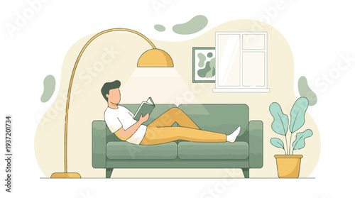 Illustration of person relaxing and reading a book on a sofa at home