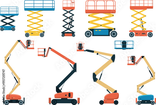 Scissor lift and boom lift construction equipment set, aerial work platforms for maintenance and industrial work, hydraulic lifting machines vector illustration