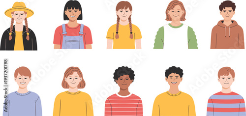 Set of diverse children avatars smiling, multicultural kids portraits with different hairstyles and clothes, friendly boys and girls vector illustration