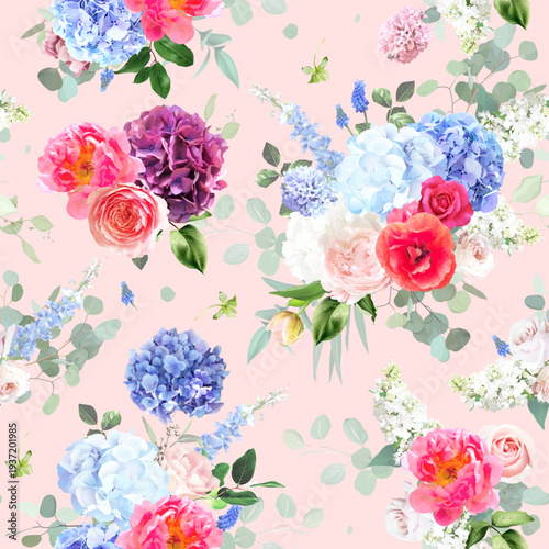 Wallpaper Mural Summer garden floral print with leaves and flowers. Spring tulips, hydrangea, ranunculus, hyacinth, peony, rose, lilac. Botanical pattern design. Seamless vector colorful pattern. On pink background Torontodigital.ca