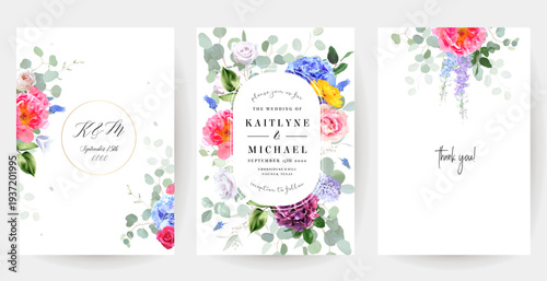 Bright spring vector flower design cards. Colorful wedding invitations with bright flowers and greenery. Tulips, roses, hydrangea, muscari, hyacinth, peony, carnation, petals and leaves. Isolated