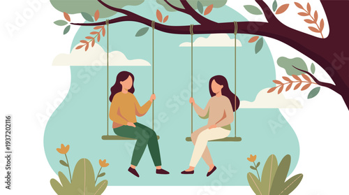 Women friends relaxing on swings under a tree, outdoor illustration