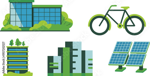 Sustainable city and green energy icons set, eco buildings, bicycle transport, solar panels and urban sustainability concept vector illustration
