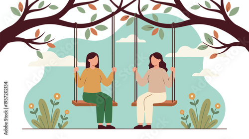Two women enjoying tree swings in a peaceful natural outdoor setting