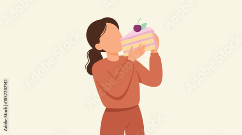 Illustration of a woman holding and enjoying a large slice of cake