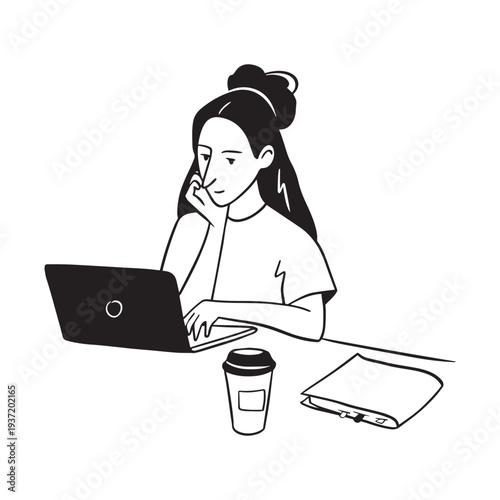 Hand drawn woman working on laptop with coffee cup and notebook, thoughtful female character at desk, freelancer student illustration, black line art isolated on white