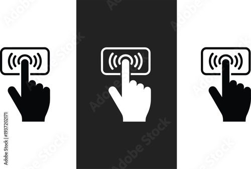 Touchscreen tap gesture icon set, hand pressing digital button symbol, touch interface concept, user interaction sign, modern UI UX vector illustration collection