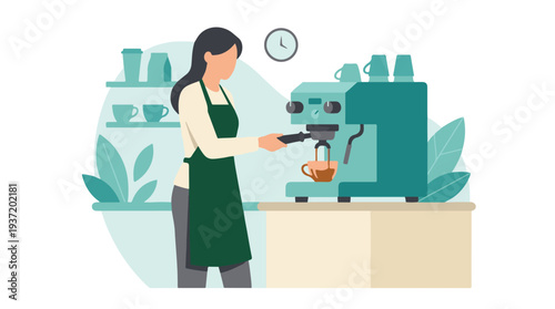 Professional barista making espresso coffee with machine in modern cafe