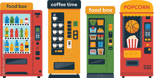 Vending machine collection vector illustration, food box, coffee machine and popcorn dispenser icons, automated snack and drink vending concept